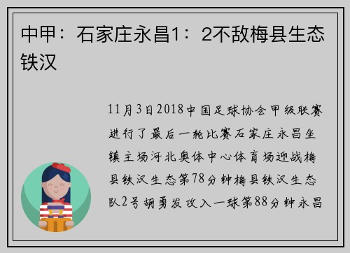 中甲：石家庄永昌1：2不敌梅县生态铁汉