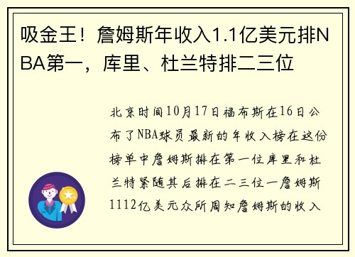 吸金王！詹姆斯年收入1.1亿美元排NBA第一，库里、杜兰特排二三位