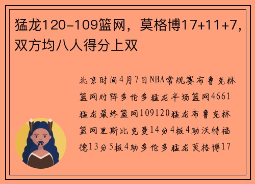 猛龙120-109篮网，莫格博17+11+7，双方均八人得分上双